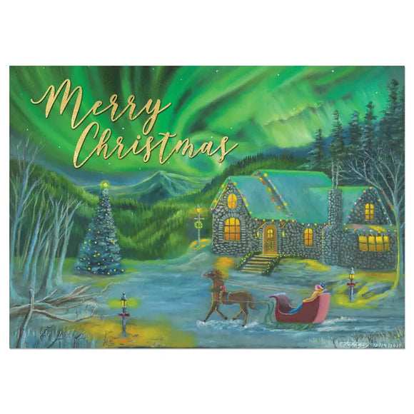 Northern Lights Cottage Christmas Card