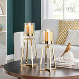 Maeve Gold Pedestal Hurricane Candle Holders