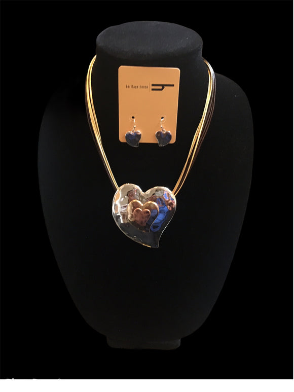 Silver, Gold and Copper Heart Necklace Set
